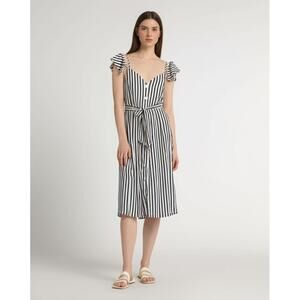 Zara Midi Dress Womens Large White Navy Blue Striped Ruffle Tie Waist Sleeveless